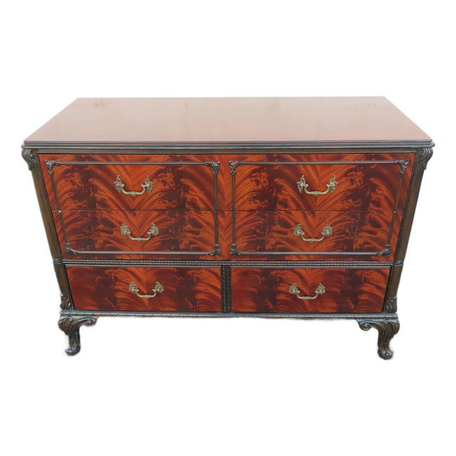 Early 1900s Carved Flame Mahogany Low Dresser Bathroom Vanity 6325 For Sale