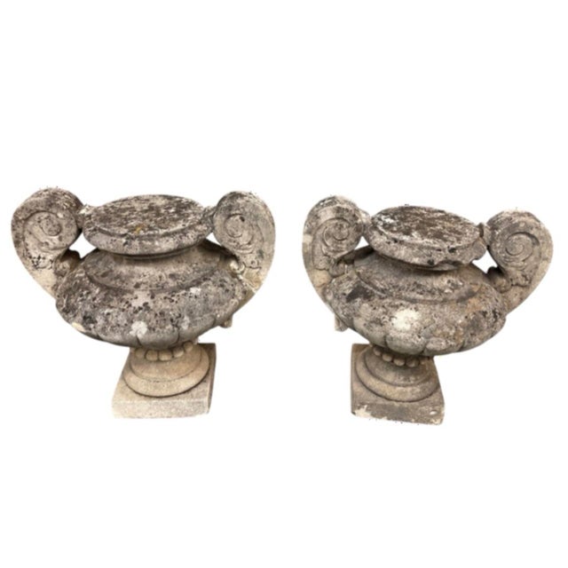 Pair of Vintage Weathered Cast Stone Classical Garden Urns With Scroll Handles For Sale In West Palm - Image 6 of 12