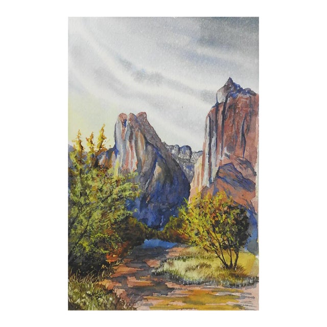 Mid 20th Century Mountain Canyon Landscape Watercolor Painting For Sale