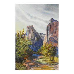 Mid 20th Century Mountain Canyon Landscape Watercolor Painting