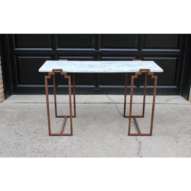 White Vintage Art Deco Modern Skyscraper Iron & Carrera Marble Console Table For Sale - Image 8 of 8