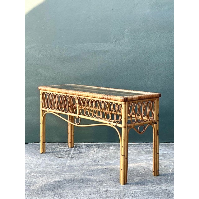 Vintage Italian Loop Rattan Console Table For Sale - Image 4 of 12