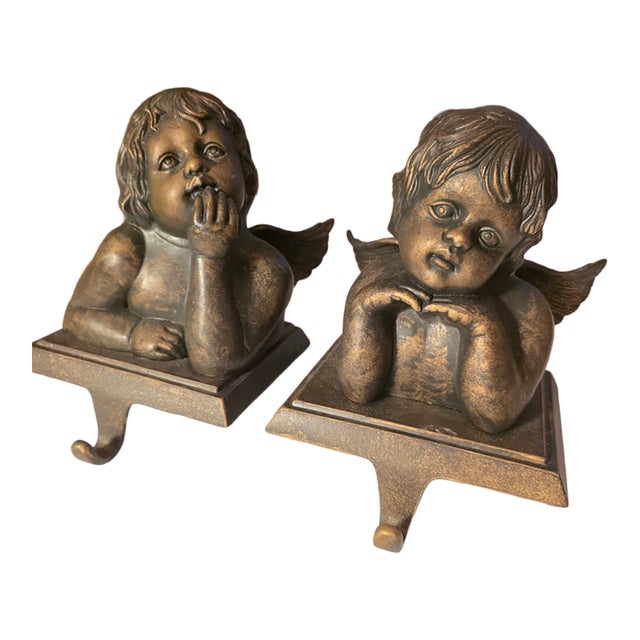 Cherub Stocking Hangers With Bronzed Metal Body For Sale