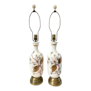 Pair of Vintage Safran & Glucksman White Ceramic Lamps With Handpainted Foliage and Pinecones