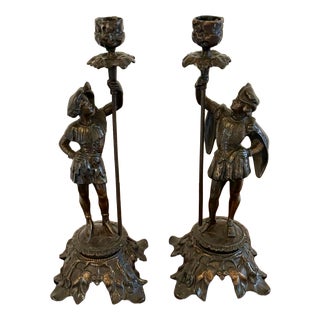 Antique French Victorian Figural Spelter Candlesticks with Soldiers, 1880, Set of 2 For Sale