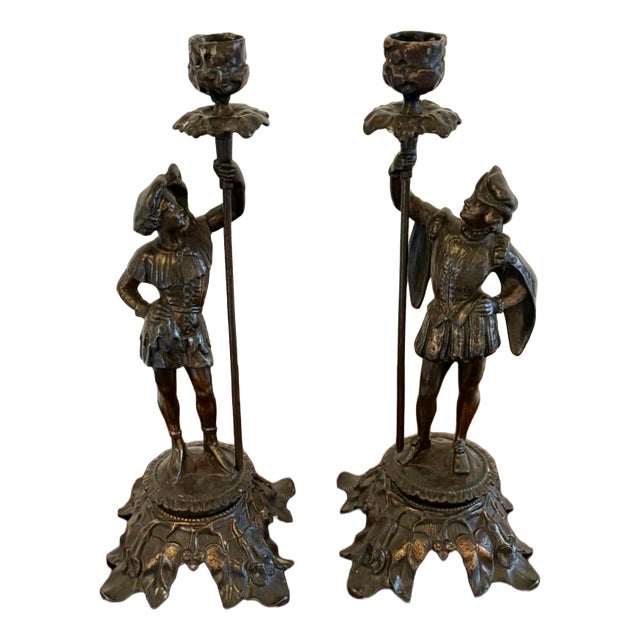 Antique French Victorian Figural Spelter Candlesticks with Soldiers, 1880, Set of 2 For Sale