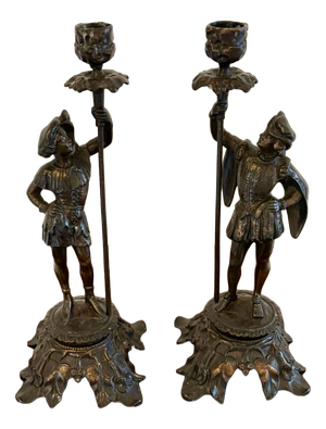 Antique French Victorian Figural Spelter Candlesticks with Soldiers, 1880, Set of 2