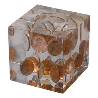Copper Penny and Lucite Cube Form Paperweight C. 1975 For Sale