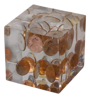 Copper Penny and Lucite Cube Form Paperweight C. 1975