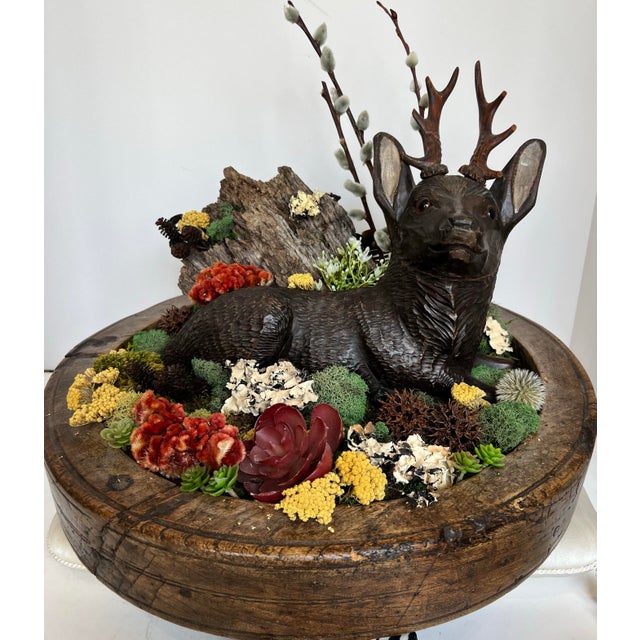 Early 20th Century Vintage Hand-Carved Wooden Deer Diorama Folk Art Stag Sculpture in Rustic Bowl Woodland Centerpi For Sale - Image 5 of 7