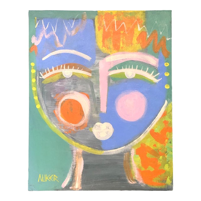 Contemporary Figurative Mixed Media Painting in Canvas Board “Face With Blue” by Auker For Sale