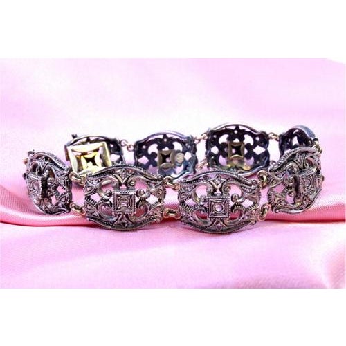 Gold Gold and Silver Bracelet with Central Crowned Diamonds For Sale - Image 8 of 11