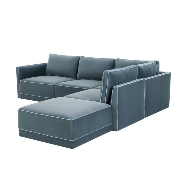 Boho Chic Willow Misty Blue with Pale Blue Piping Modular 5-Piece Performance Velvet RAF Sectional For Sale - Image 3 of 6