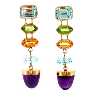Late 20th Century 14k Yellow Gold Topaz, Peridot and Amethyst Drop Earrings, Pair For Sale