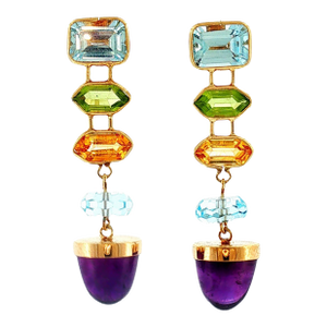 Late 20th Century 14k Yellow Gold Topaz, Peridot and Amethyst Drop Earrings, Pair
