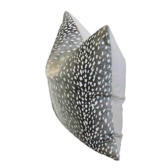 Silvery Gray Charcoal Antelope Print Linen & Velvet Feather/Down Pillow For Sale - Image 4 of 6
