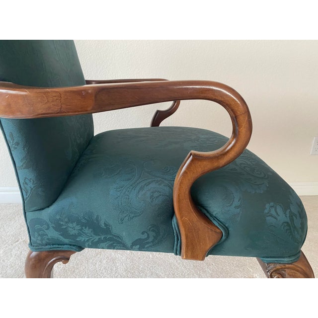 Pennsylvania House Emerald Green Damask Style Upholstry and Carved Cherry Wood Dearborn Exquisitely Unique Chair Excellent Condition For Sale In Denver - Image 6 of 11