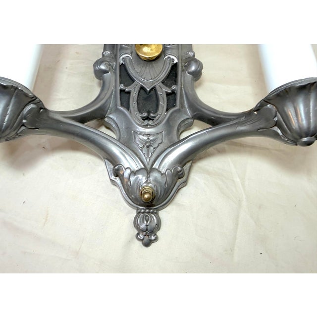 1930s Pair of Antique Ornate 2-Arm Pewter Silver Gold Electric Wall Sconces Fixture For Sale - Image 5 of 10