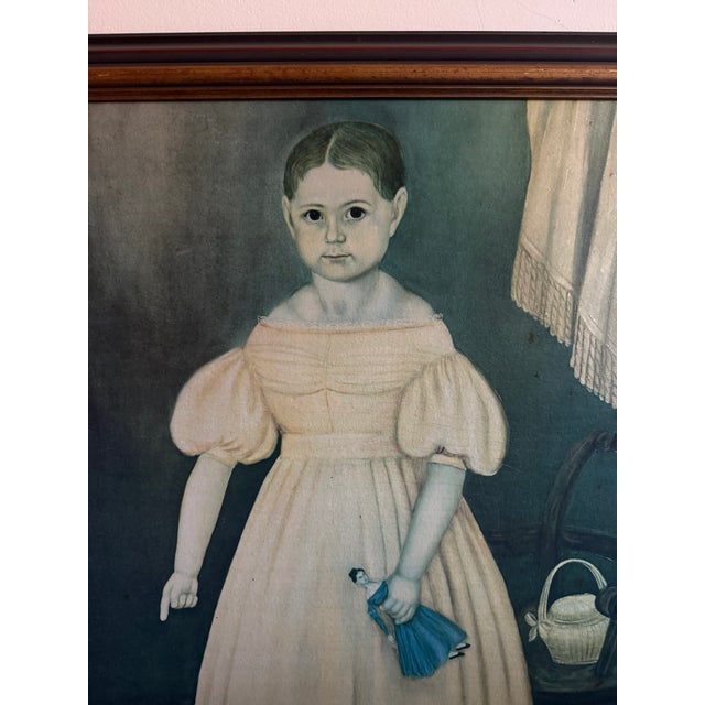 Folk Art Vintage Folk Art Print on Wood Little Girl Pointing at Cat For Sale - Image 3 of 6