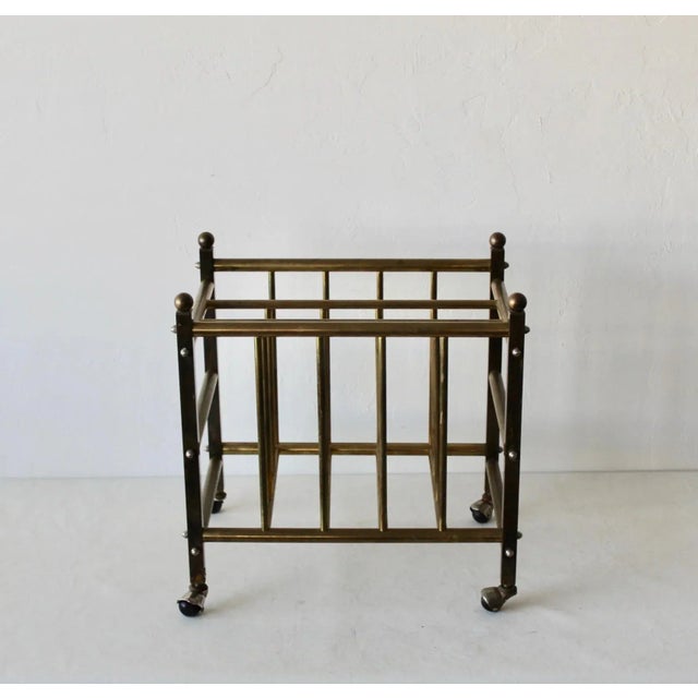 Brass Hollywood Regency Brass Canterbury Book Magazine Rack Crate With Ball Castor Sphere Finials Detail Vintage For Sale - Image 8 of 10