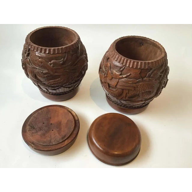 Asian Carved Wood Asian Dragon Covered Jars - A Pair For Sale - Image 3 of 10