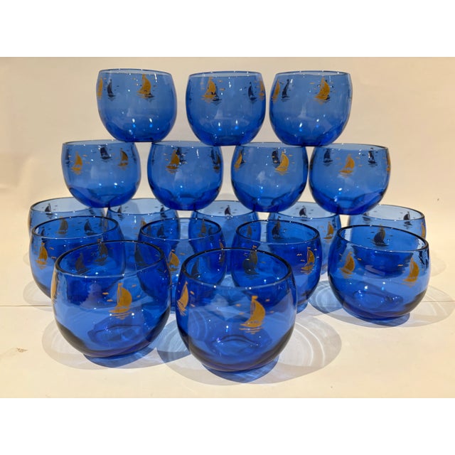 Hazel-Atlas Vintage Hazel Atlas Light Royal Cobalt Blue Cocktail Glasses With Sailboat Roly Poly - Set of 18 For Sale - Image 4 of 7