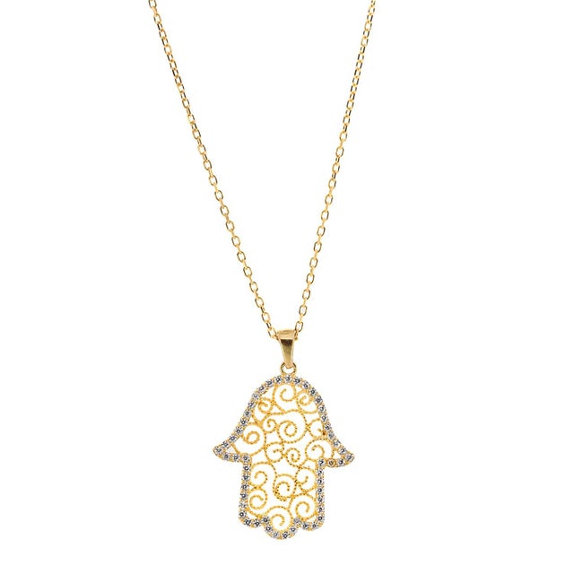 Contemporary Spiral Design Hamsa Gold & Diamond Necklace For Sale - Image 3 of 7