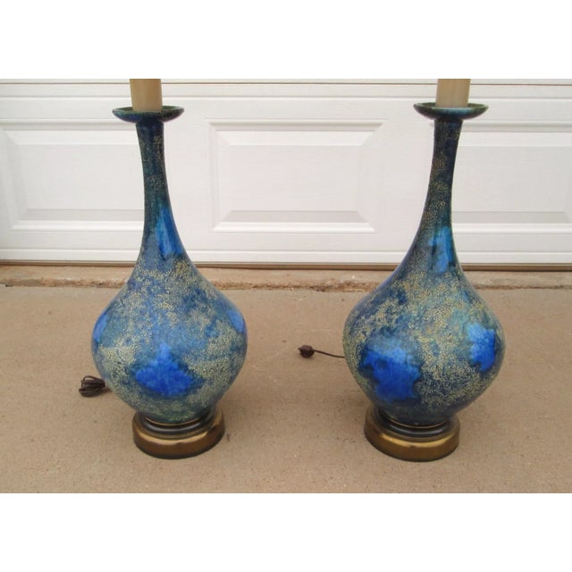 Mid 20th Century Helmut Bruchman Style Mid Century Modern Blue Glaze Ceramic Lamps - a Pair For Sale - Image 11 of 12