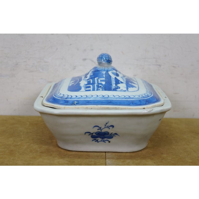 Antique Chinese Export Canton Blue White Serving Platter & Vegetable Tureens For Sale - Image 4 of 18