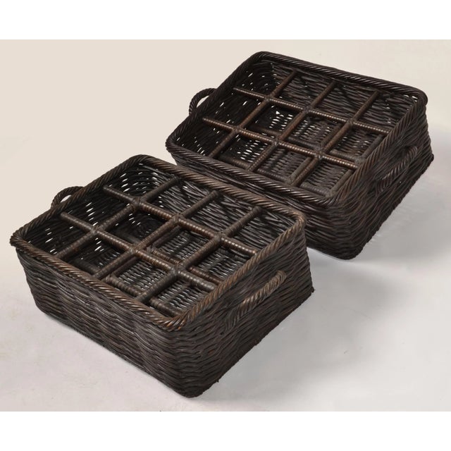 Pair of substantial 12 Wine Bottle Wicker, Cane and Twig Tray or Basket with Handles in Palm Beach Regency Style. All...