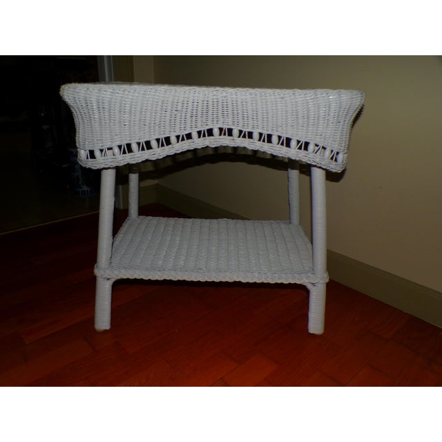 Boho Chic Vintage White Draped Wicker Rattan Sculpted Beaded Coffee Table Plant Stand For Sale - Image 3 of 18