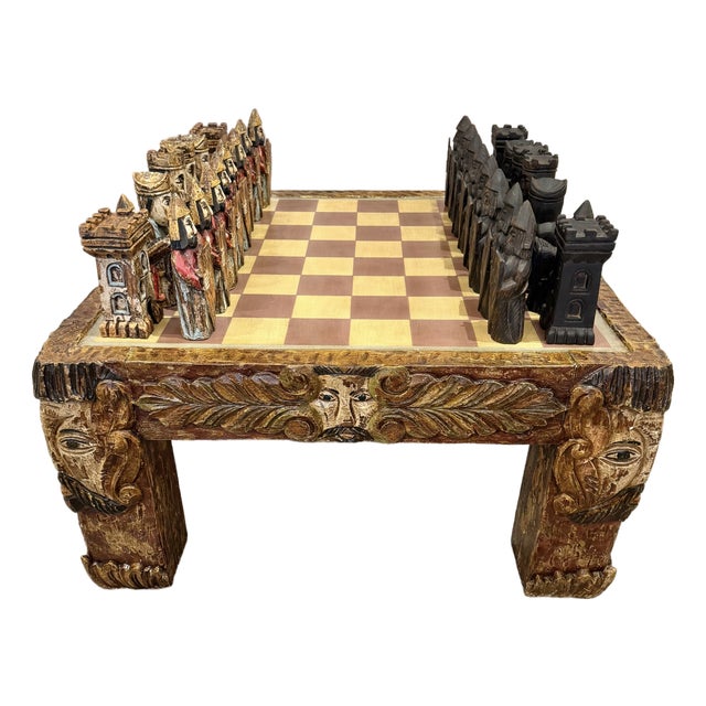 Vintage Mid-Century Carved Chess Board Coffee Table With Chess Pieces For Sale