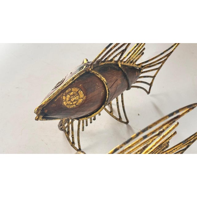 Mid-Century French Fish Sculptures in Wood and Gilded Metal, 1970s, Set of 2 For Sale - Image 11 of 14