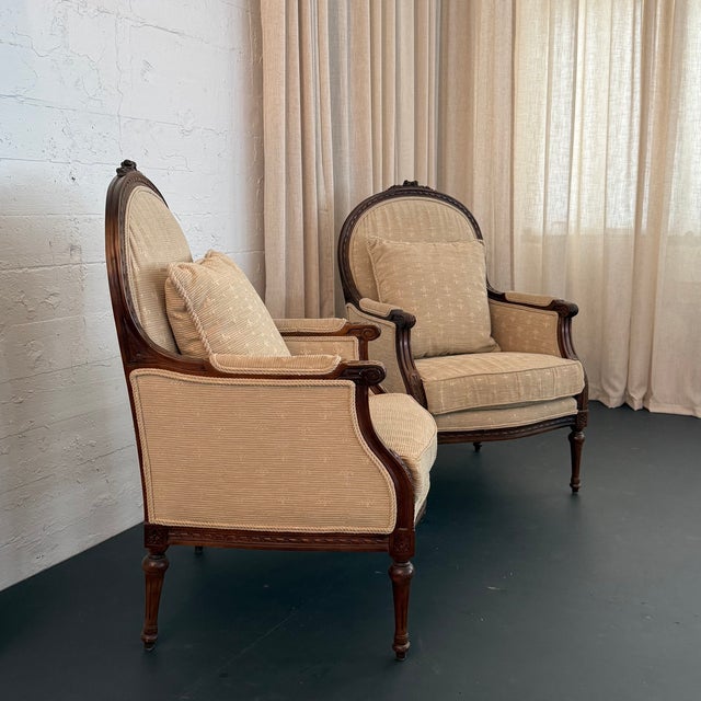 Late 20th Century Pair of Mid-Century Louis XVI Style Carved Walnut Bergère Armchairs For Sale - Image 5 of 9