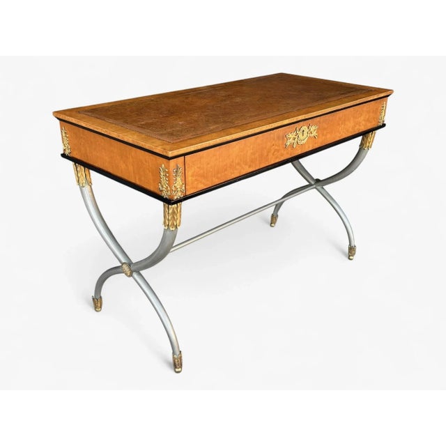 English Refined Neoclassical French Empire Desk With Leather Top and Sculptural X Base For Sale - Image 3 of 18