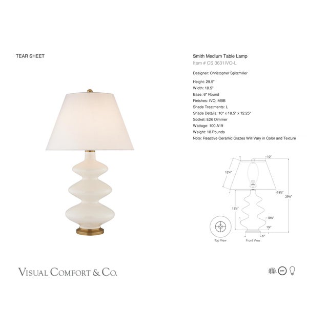 Christopher Spitzmiller by Visual Comfort Signature Smith Medium Table Lamp in Ivory with Linen Shade Designer:...