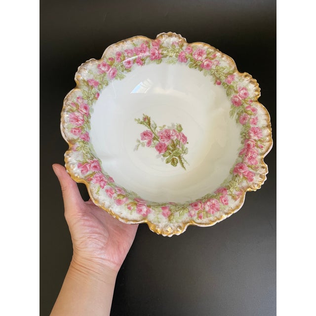 Antique Jean Pouyat Limoges Large Serving Bowl With Pink Roses For Sale - Image 10 of 13