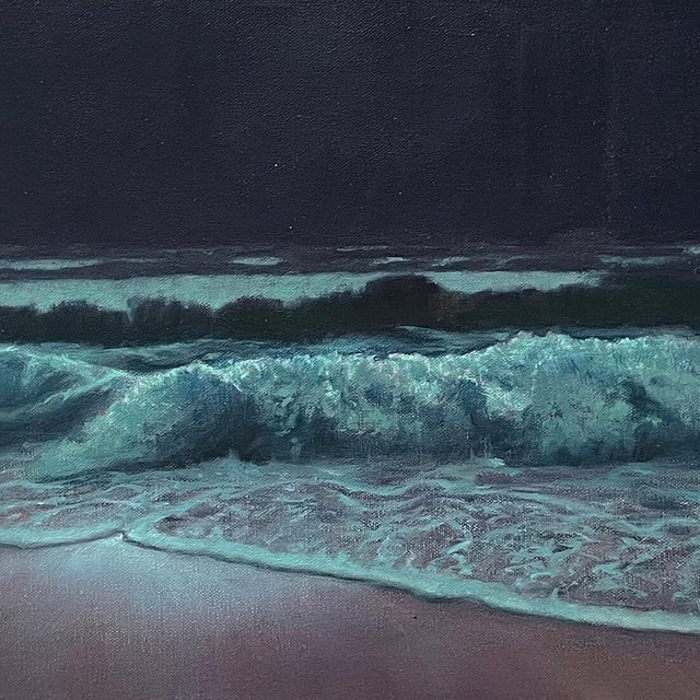 Early 21st Century Out Of The Blue by Mark Harrison | Oil on canvas Ocean waves at night with a distant light. For Sale - Image 5 of 5