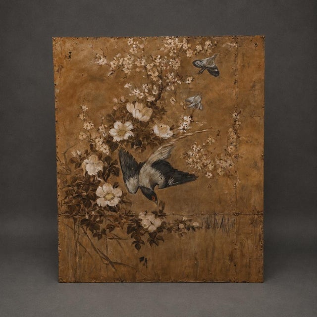 This 20th Century Vietnamese Metal-on-Wood Blue Bird Panel is a beautifully aged decorative artwork that blends hand-...