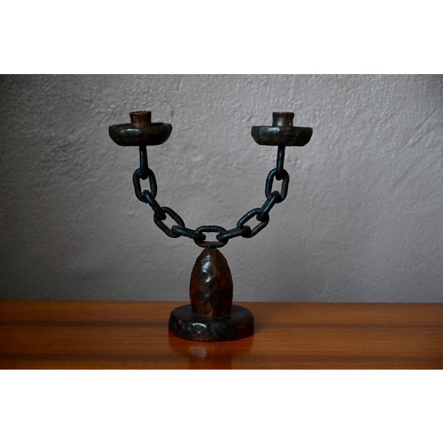 Brutalist Double Candelabra in Carved Wood and Wrought Iron, 1960s For Sale - Image 9 of 10