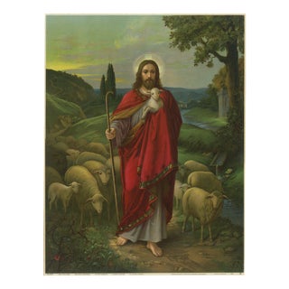 Christ the Shepherd, 1900s, Catholic Chromolithograph For Sale