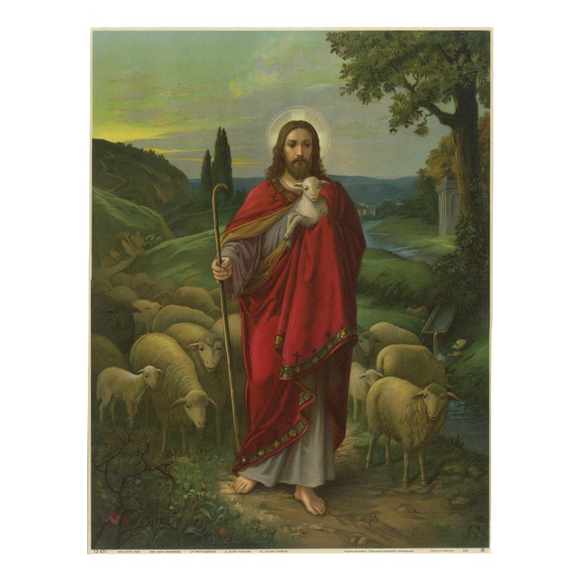 Christ the Shepherd, 1900s, Catholic Chromolithograph For Sale