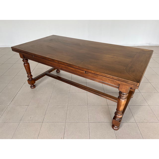 French Farmhouse Trestle Extendable Dining Table With Side Drawer For Sale - Image 4 of 12