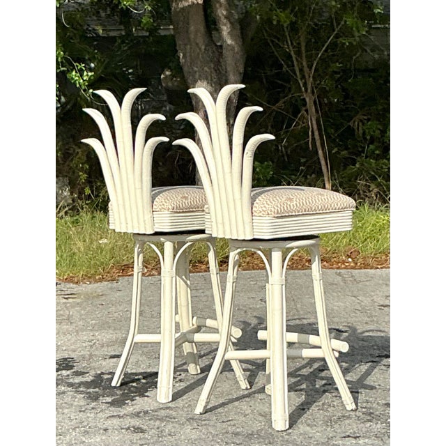 White Vintage Coastal Swivel Pineapple Rattan Quadrille Covered Bar Stools - A Pair For Sale - Image 8 of 8