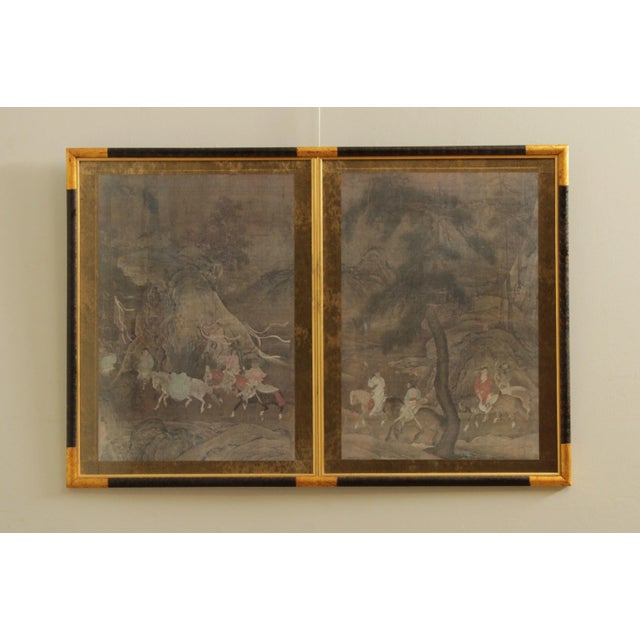 Vintage Diptych Print after Antique 11th C. Chinese Sung Dynasty The Tribute Horse Silk Painting, Certificate of...