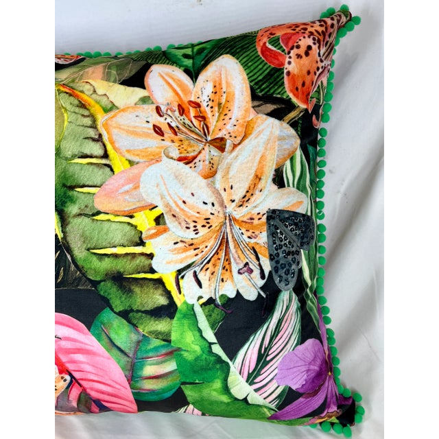 20" Square Decorative Throw Pillow With a Brilliant Tropical Pattern of Lilies, Palms Leaves & Butterflies - Made in the U K For Sale - Image 4 of 12