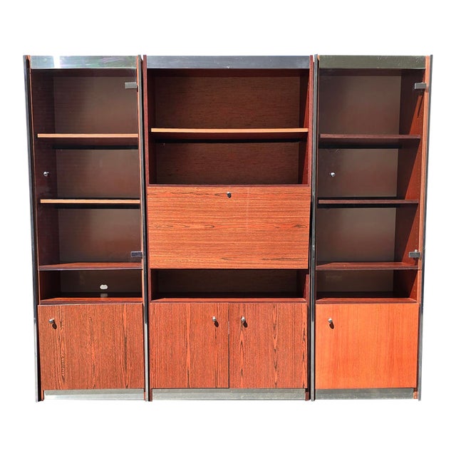 Vintage Mid Century Modern Three Bay Bookcase Wall Unit W Glass Cabinet Doors For Sale