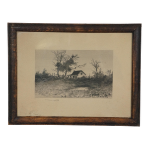 Late 19th Century Antique George William Bohde Cottage Pond Landscape Etching 14", Framed