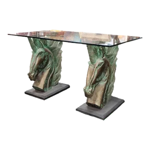 1960s Mid-Century Brutalist Unicorn Horse Head Bases With Original Glass Top Dining Table