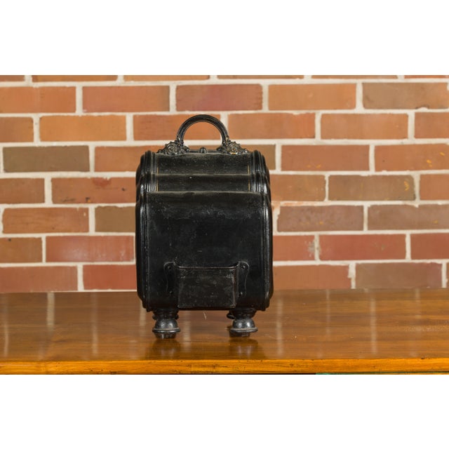 English Victorian Period 1880s Black Coal Box with Hand-Painted Dog Motif For Sale - Image 12 of 12